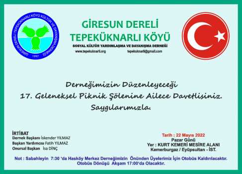 Dereli Tepeküknarlı Köyü Derneği 17. Geleneksel Piknik Duyurusu